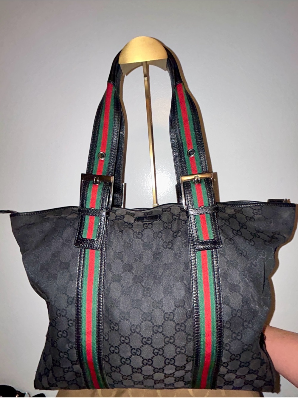 GUCCI
Monogram Web Large Joy Tote in Black with Sherry line.  Vintage